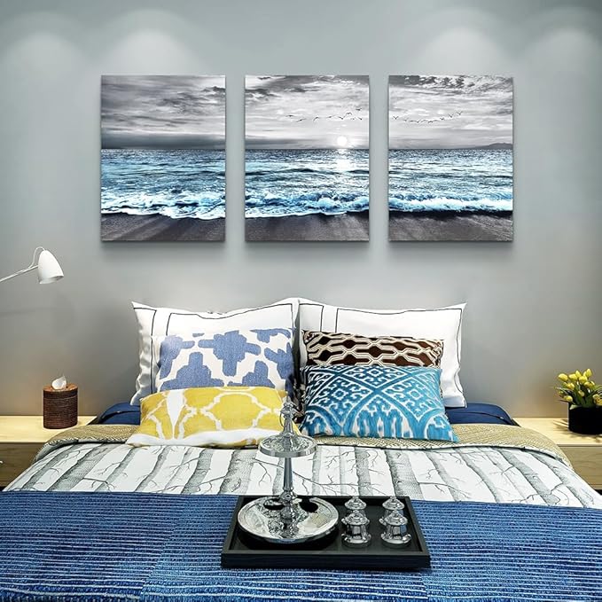 Lapremoly Canvas Wall Art For Living Room & Bedroom - Black And White Beach Scenery - 3 Piece 16x24 in