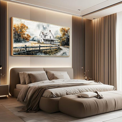 QIYILEXWART Wood Framed Canvas Wall Art For Living Room Large Wall Decor For Office Bedroom Decoration Farmhouse Watercolour Pictures White Hut Painting Artworks Room Ready To Hang