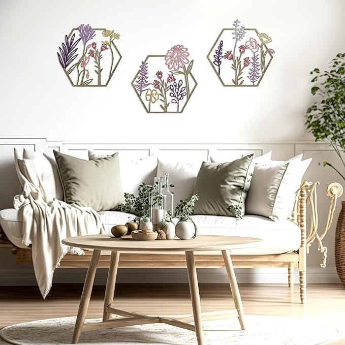 Peryiter 3 Pcs Metal Flower Wall Decor Minimalist Floral Wall Hanging Decor Metal Flower Rustic Floral Art for Spring Living Room Bathroom Kitchen Indoor Outdoor(Colorful)