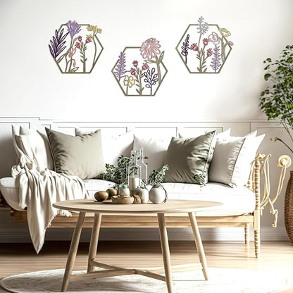 Peryiter 3 Pcs Metal Flower Wall Decor Minimalist Floral Wall Hanging Decor Metal Flower Rustic Floral Art for Spring Living Room Bathroom Kitchen Indoor Outdoor(Colorful)