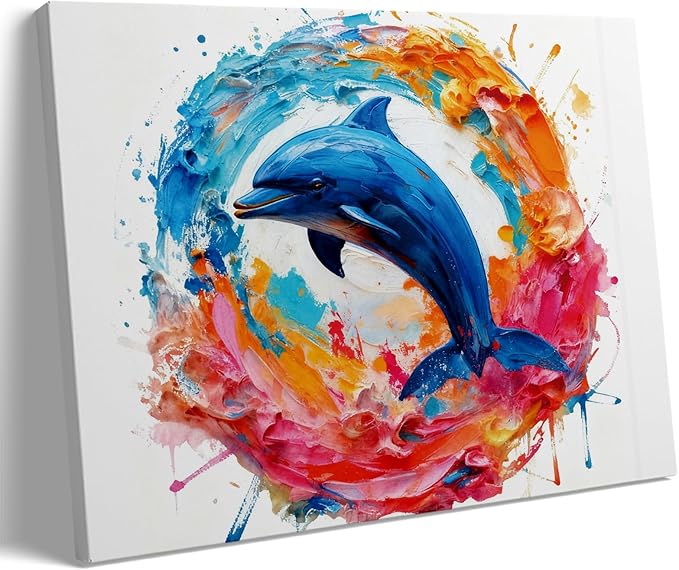 DUFIPOR Colorful Abstract Dolphin Poster Canvas Wall Art - Vibrant Modern Ocean Animal Painting Print - 12x16 Framed Graffiti Picture Decor for Teen Boy/Girl Kids/Child Bathroom Bedroom Living Room