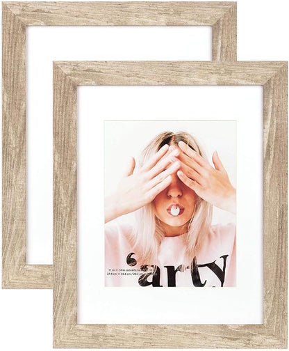 Wide Molding Rustic 11x14 Picture Frames, Made of HD Glass Display Picture 8x10 with Mat, Light Brown Photo Frame for Wall Mounting, 2 Sets