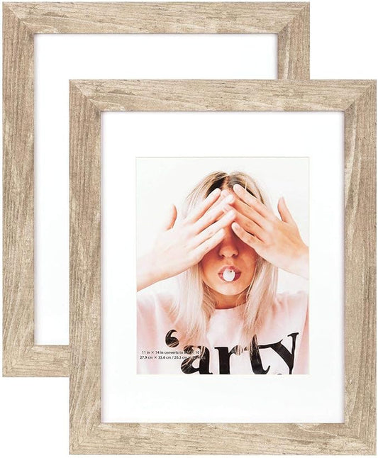 Wide Molding Rustic 11x14 Picture Frames, Made of HD Glass Display Picture 8x10 with Mat, Light Brown Photo Frame for Wall Mounting, 2 Sets