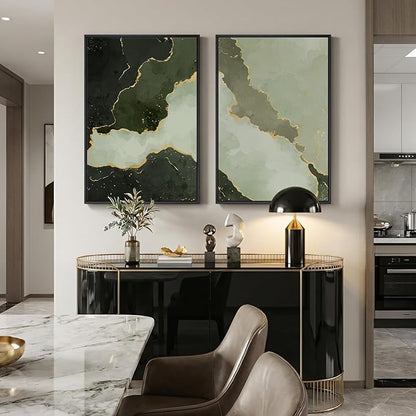 Large Framed Green Abstract Wall Art Set of 2, Modern Canvas Prints Paintings for Walls, Minimalist Sage Green and Gold Abstract Pictures for Living Room Dining Bedroom Hallway Wall Decor 24x36 In