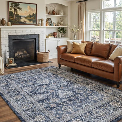5x7 Area Rugs Grey and Blue Washable Rug for Living Room, Dining Room, Bedroom, Large Carpets, Non Slip & Non-Shedding Low Pile Vintage Print Rug for Home Office Decor