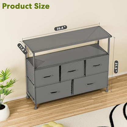 Simple Deluxe TV Stand Dresser for Bedroom Entertainment Center with 5 Fabric Drawers, Storage Organizers Units for Living Room, Media Console Table with Open Shelf up for 45" TV, Black, Wood top