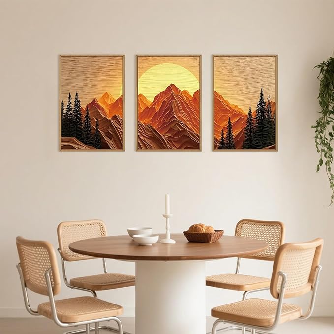 Large Mountain Framed Canvas Wall Art Set, Abstract Ridge Sun Painting, Boho Sunset Scenery Wall Decor,Modern Natural Landscape Art Print for Living Room,Bedroom,Office-24 x36 x3