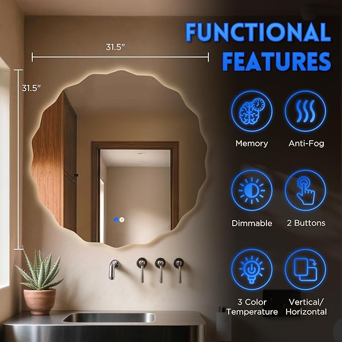 Dorlicecass Round Led Bathroom Mirror- 32" Wavy Vanity Mirror with Lights IP54 Enhanced Anti-Fog,Single Piece 3 Colors Dimmable, Memory,Tempered Glass,UL Listed