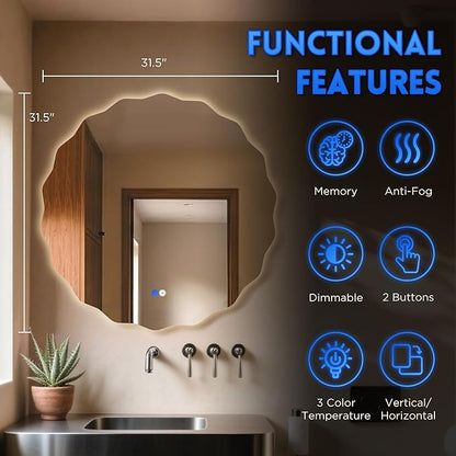 Dorlicecass Round Led Bathroom Mirror- 32" Wavy Vanity Mirror with Lights IP54 Enhanced Anti-Fog,Single Piece 3 Colors Dimmable, Memory,Tempered Glass,UL Listed