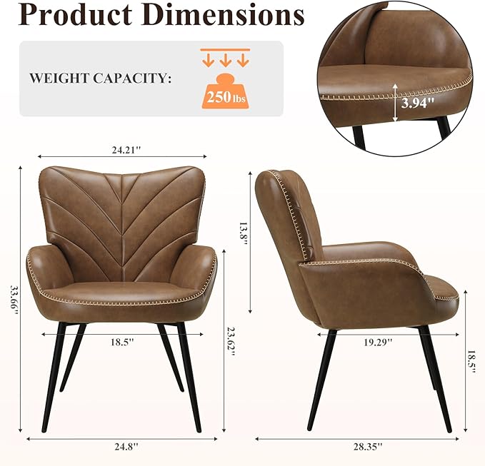 MALOL Modern Mid-Century Faux Leather Accent Chair, Upholstered Armchair with Curved Backrest, Sturdy Metal Base, Living Room, Bedroom & Reading Nook,Brown
