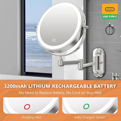 Auxmir 1X/30X Wall Mounted Lighted Makeup Mirror, 8" Rechargeable Double-Sided Magnifying Mirror with Light, Touch Dimmable 3 Color Light, 360° Rotation Foldable Extended Arm, Chrome
