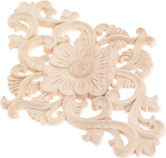 Wood Carved Appliques, 2Pcs Wooden Decorative Onlays, MUXSAM Unpainted Furniture Center Decals for Cabinet Dresser Bed Door Wall Wardrobe Ceiling Decoration Home DIY Project, 21x15cm/8.27"x5.9"
