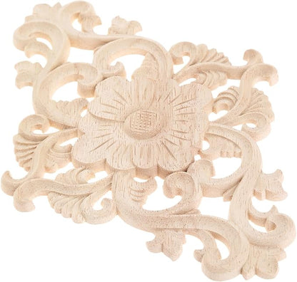 Wood Carved Appliques, 2Pcs Wooden Decorative Onlays, MUXSAM Unpainted Furniture Center Decals for Cabinet Dresser Bed Door Wall Wardrobe Ceiling Decoration Home DIY Project, 21x15cm/8.27"x5.9"