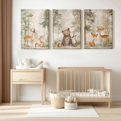 Woodland Nursery Wall Art Decor Animal Forest Canvas Prints Baby Boy Room Wall Decor Bear Nursery Nature Pictures Deer Prints Artwork for Boy Girl Kids Bedroom 12x16 Inch Wrapped Canvas Set of 3