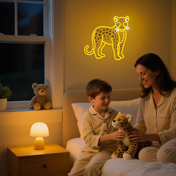 OkiyiD Cheetah Neon Sign, Cheetah Wall Art Decor Gifts with USB Power Wild Animal Themed Decor for Bedroom, Office, Game Room and Bar, Creates Vibrant Jungle Safari Ambient Lighting