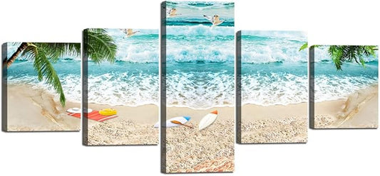 Surfing Waves Beach Picture Paintings Canvas Wall Art for Living Room Bedroom Home Decor Modern Seascape Landscape 5 Panels Framed Stretched Gallery Wrap Giclee Prints and Posters (50''W x 24''H)