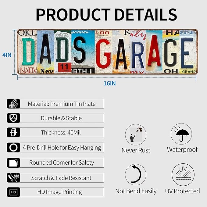 Dad Sign - Dad's Garage Metal Sign - Perfect Gifts for Dad From Daughter or Son, Step Dad Gifts, Things To Get Your Dad For Christmas, License Plate Design Garage Signs for Men