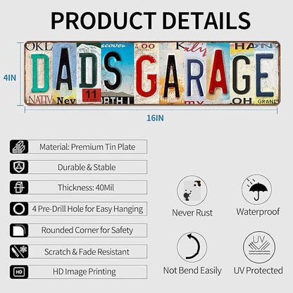 Dad Sign - Dad's Garage Metal Sign - Perfect Gifts for Dad From Daughter or Son, Step Dad Gifts, Things To Get Your Dad For Christmas, License Plate Design Garage Signs for Men