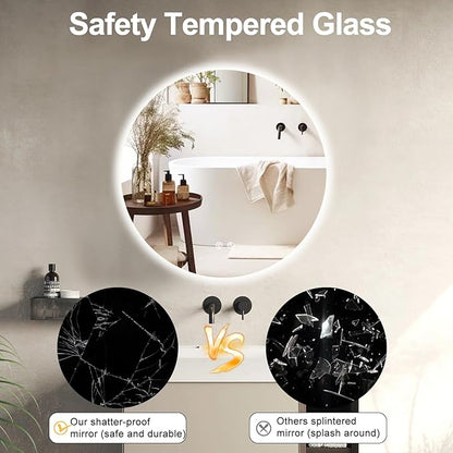 32 Inch Round LED Bathroom Mirror Backlit Anti-Fog Wall Mounted Lighted Bathroom Vanity Mirror 3 Colors Light Dimmable Smart Makeup Mirror with Touch Switch