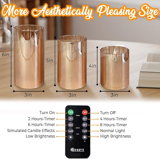LEDHOLYT Rechargeable Flameless Candle, Flashing LED Pillar Real Wax Candle with Remote Control and Timer, Gold Stripes Glass Electronic Candles for Room Decoration, 1 Set of 3