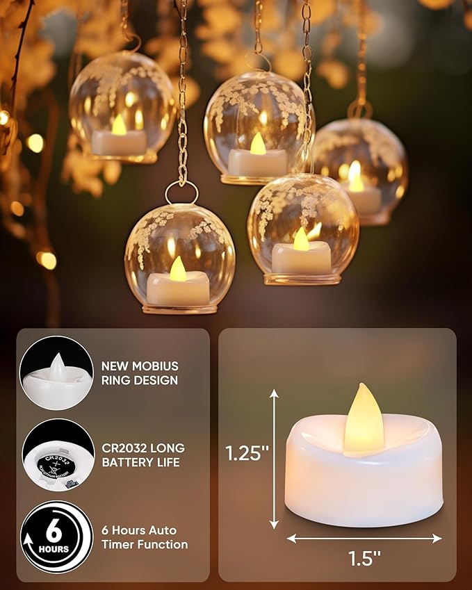 merrynights Flameless Candles, 24Pack Timer Fake Candle, LED Tea Light Candles, Battery Operated Votives with 6 Hours Timer Auto for Halloween Christmas Wedding Decor-1.5'' D X 1.25'' H, Warm Yellow