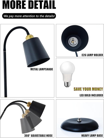 Floor Reading Lamp, Industrial Standing Lamps for Living Room with Adjustable Bendable, 2 in 1 Reading Table Lamps for Living Room Bedroom Office, 12W LED Bulb Included (Black Poles)