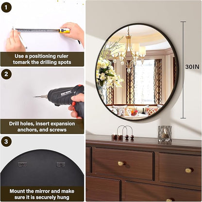 XRAMFY 30 Inch Round Mirror - Circle Mirrors for Bathroom, Entryway and Living Room Wall Decor, Modern Hanging Vanity Mirror, Matte Black Circle Decorative Wall Mirror