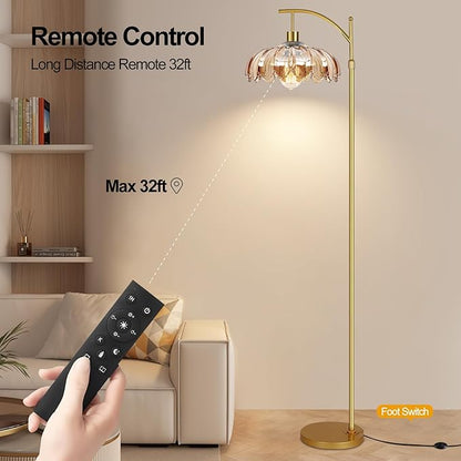 Arc Floor Lamp for Living Room Gold Floor Lamp with Remote Control,Dimmable Floor Lamps With Glass Lampshades,Mid Century Modern Standing Lamp Tall Vintage Flower Floor Lamps for Bedroom,Corner