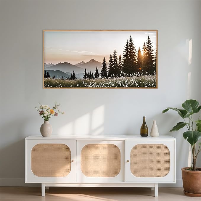 Forest Sunlight Landscape Framed Canvas Wall Art Set,Nature Mountain Pine Tree Wall Decor,Modern Sunrise Wildflower Calming Art Printing for Living Room,Bedroom-20 x40