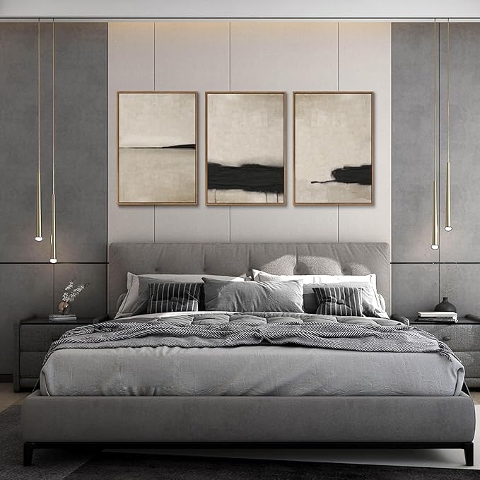 myusuar 3 Piece Large Modern Abstract Canvas Framed Wall Art For Living Room, Black And Beige Vintage Minimalist Wall Art Decor Posters Prints For Bedroom Office 16x24in