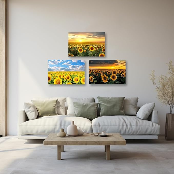 CCWACPP Sunflower Canvas Wall Art 3 Panels Sunflower Floral Field Sunset Pictures Yellow Flower Print Painting Large Living Room Decor Frame (Sunflower - 2, 16x24inchx3Pcs)
