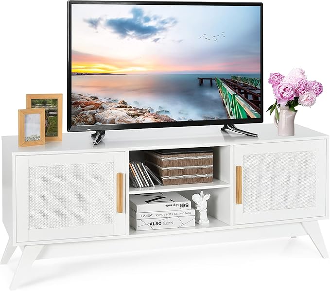 Tangkula Rattan TV Stand for TVs Up to 65", Entertainment Center, 3-Tier Adjustable Shelf, 2 Enclosed Weaved Cabinets, Cable Holes, Modern Media TV Console Table for Living Room