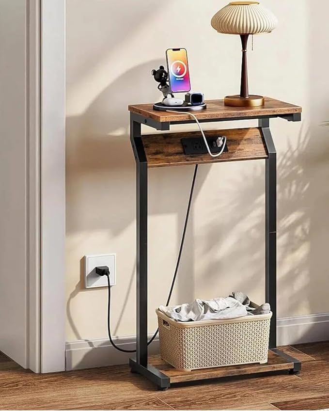 CHOEZON Narrow Side Table with Charging Station, 27" Skinny End Table for Small Spaces, Couch Table with Storage, Slim Tray Table with USB Ports, for Living Room, Bedroom, Rustic Brown TBZ27UBF