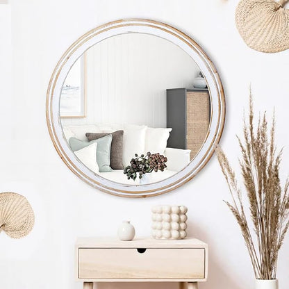 Reflinto 30 Inch Rustic Farmhouse Wooden Round Mirrors for Wall Decor, Washwhite Circle Decorative Mirror for Bathroom Over Sink, Entryway, Living Room, Foyer