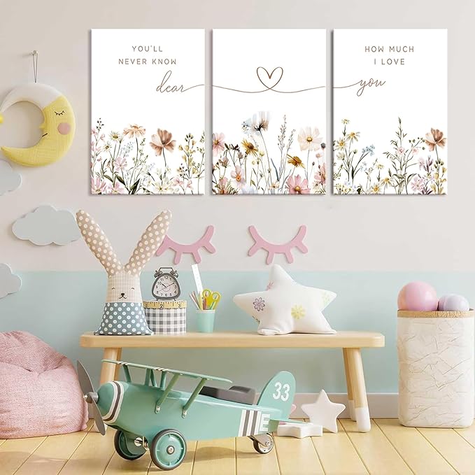 3Pcs Wildflower Nursery Canvas Wall Art Flower Botanical Sentence Poster Painting Picture Wall Decor Boho Girl Nurseries Print Artwork for Nursery Baby Room Living Room Bedroom Home Decoration16x24in