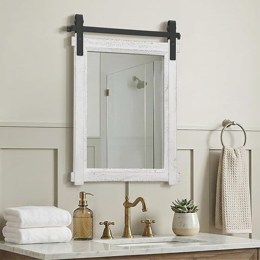 Besdomus Farmhouse Bathroom Wall Mirror: 22"x30" White Barn Door Solid Cedar Wood Frame Vanity Mirror - Rustic Bathroom Over Sink/Living Room/Hallway - Modern Rustic Decor for Housewife