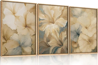 KAIRNE Neutral magnolia Floral Framed Canvas Wall Art Set, Modern Beige Flower Wall Decor,Aesthetic Wildflower Art Prints,Boho Botanical Artwork for Living Room,Bedroom,Farmhouse,Office-24 x36 x3
