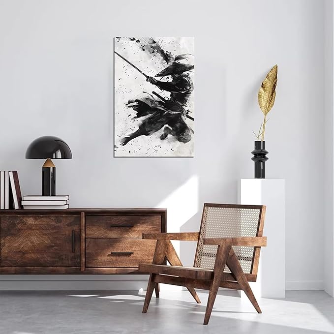 Japanese Samurai Wall Art Samurai Figure Sword Warrior Wall Posters Black and White Combat Picture Modern Watercolor Painting for Living Room Office Japan Themed Dorm Man Cave Decor (18''W x 24''H)