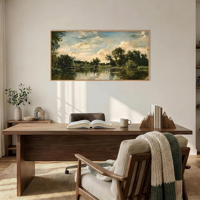 Aryroi Vintage Landscape Framed Canvas Wall Art Set,Rustic Natural Green Trees and Lake Wall Decor,Classic Nature Scenic French Country Forest Artwork for Living Room,Bedroom,Farmhouse-40 x20 x1