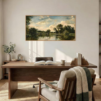 Aryroi Vintage Landscape Framed Canvas Wall Art Set,Rustic Natural Green Trees and Lake Wall Decor,Classic Nature Scenic French Country Forest Artwork for Living Room,Bedroom,Farmhouse-40 x20 x1