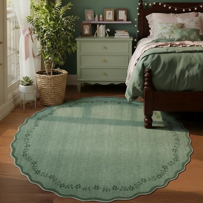 GarveeHome Round Area Rugs 8ft for Living Room, Large Solid Green Washable Circle Rug Soft Non Slip Forest Animal Print Floor Mat Carpet Indoor Thin Rug for Bedroom Dining Room Playroom Nursery
