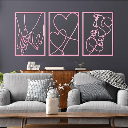 ESTART 3 Pieces Metal Minimalist Line Wall Art, Valentine's Day Lover Kiss Hand Metal Wall Decor, Aesthetic Modern Home Hanging Wall Art Decor for Bedroom Living Room (Pink)