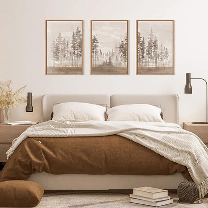 Beige Foggy Pine Tree Framed Canvas Wall Art Set,Modern Misty Forest Wall Decor,Nature Landscape Brown Art Print for Living Room,Bedroom-24 x36 x3