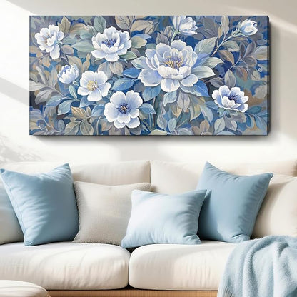 amatop Large Blue White And Gray Canvas Wall Art, Modern Natural Abstract Prints Of Plants For Living Rooms; Unique Blooming Flower Artwork For Bedrooms, Bathrooms, Dining Rooms, And Studies. 48X24In