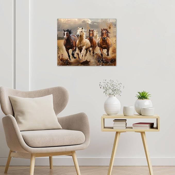 LB Vintage Horse Canvas Wall Art Brown White Horse Animal Wall Decor Running Horses Prints Wall Decoration for Living Room Bedroom Home Office Framed Ready to Hang 12L x 12W