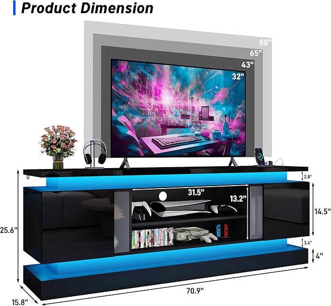 chartustriable 71IN LED TV Stands w/Power Outlet for 85/80/75 Inch TVs,High Glossy Modern Tall Entertainment Center TV Media Console Gaming with 2 Storage Cabinets,Dual LED Lights,Black