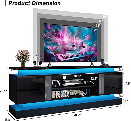 chartustriable 71IN LED TV Stands w/Power Outlet for 85/80/75 Inch TVs,High Glossy Modern Tall Entertainment Center TV Media Console Gaming with 2 Storage Cabinets,Dual LED Lights,Black