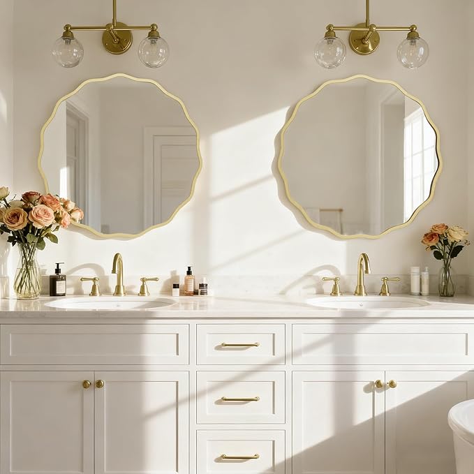 HOMECOOKIN 28" Wavy Round Wall Mirror, Gold Scalloped Circle Mirror Edge Round with Metal Frame, Modern Decorative Hanging/Leaning Mirrors for Bathroom, Hotels, Hallway, Entryway, Vanity, Office