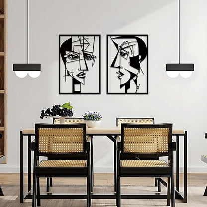 ESTART 2 Pieces Abstract Lover Faces Metal Wall Decor, Modern Minimalist Single Line Geometric Hanging Wall Art, Black Metal Wall Sculptures for Home Living Room Bedroom Bathroom Kitchen 24x15.7 IN