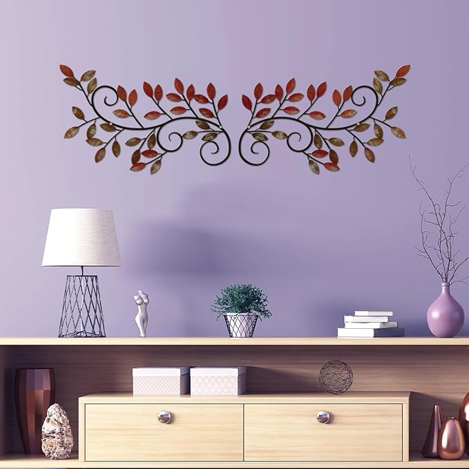 ESTART 2 Pieces Metal Tree Leaf Wall Decor Vine Olive Branch Leaf Wall Art Wrought Iron Scroll Wall Hanging for Above Door, Living Room, Office, Hallway, Indoor and Outdoor Decoration (Retro Red)